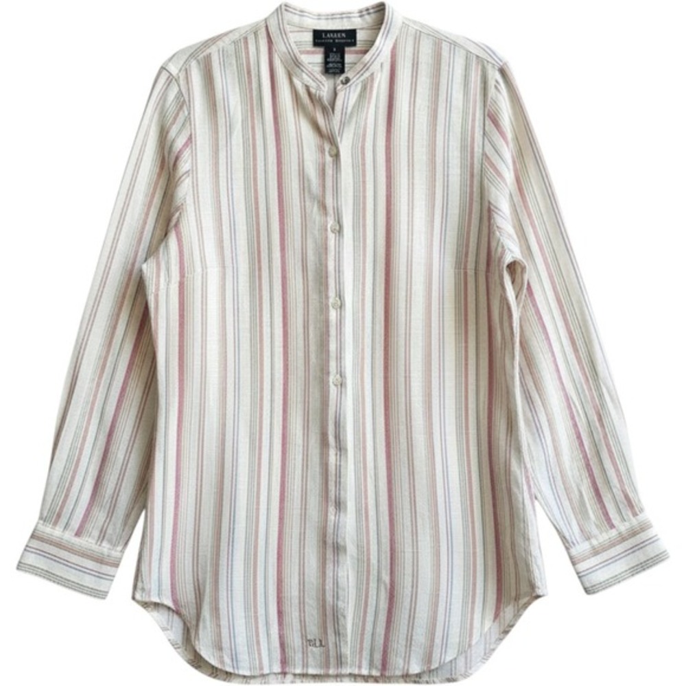 Lauren Ralph Lauren Womens Linen Mandarin Collar Striped Button Down Tunic Small